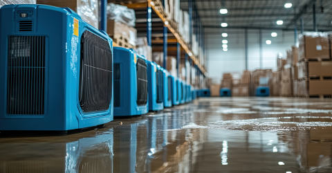 Bedrijfspand met allemaal water op de grond en heaters om het water te verwijderen
